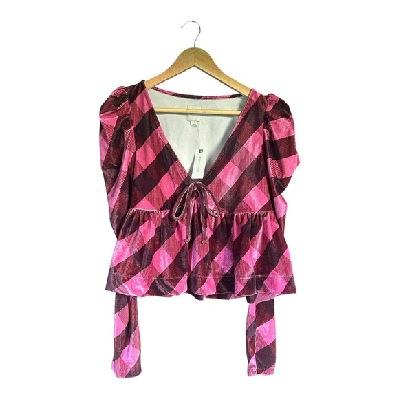 NWT Anthropologie Maeve Checkered Pink Shirt with Puff Sleeves Size S - Picture 2 of 5